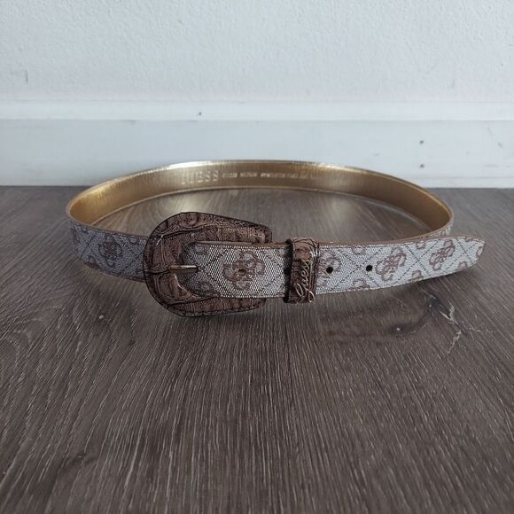 Guess Medium Vintage GUESS Belt Brown Beige Logo Print - Picture 2 of 7